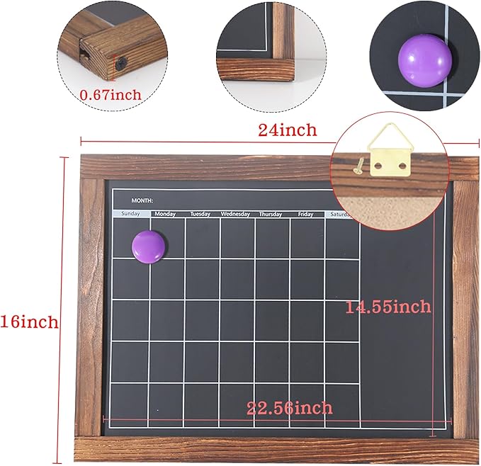 Magnetic Chalkboard Calendar for Wall Monthly Planner Board Wite Wood Frame - Image 2