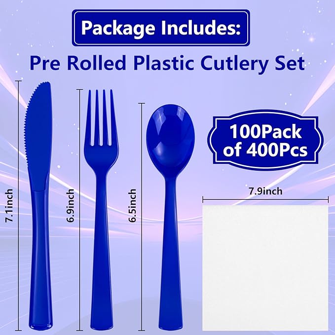 400PCS Pre Rolled Blue Plastic Silverware Sets - Image 6