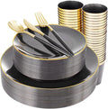 Supernal 180pcs Black Plastic Dinnerware Set Include Gold and Black Plates by supernal