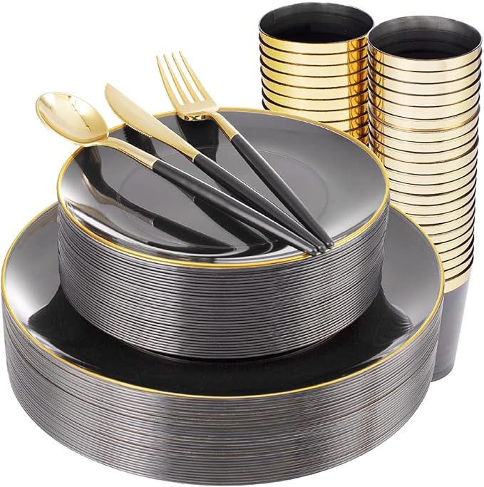Supernal 180pcs Black Plastic Dinnerware Set Include Gold and Black Plates by supernal