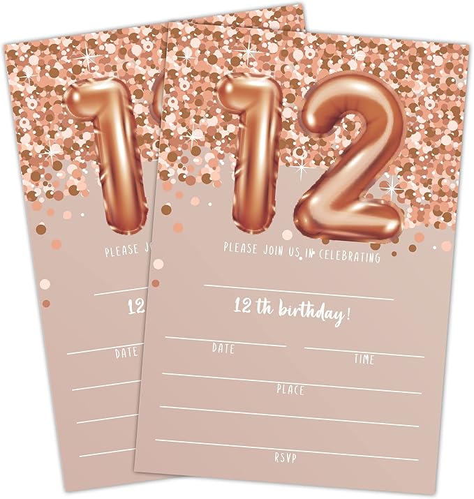 12th Birthday Invitation Cards, Rose Gold Glitter 12th Birthday Party Invites by LWBEO