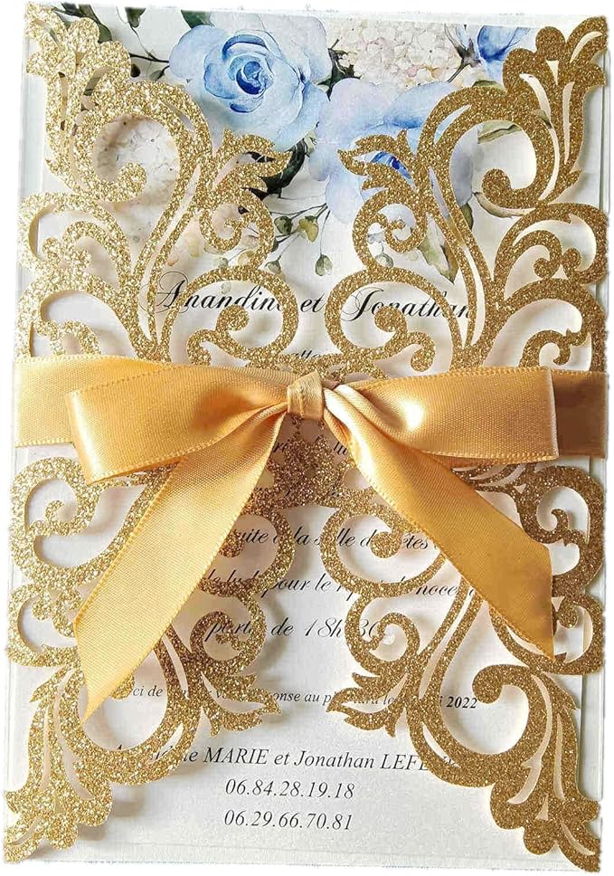 25PCS Gold Glitter Laser Cut Wedding Invitations Cards - Image 2
