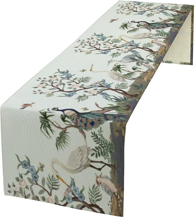 Peacock Table Runner, Retro Chinese Peonies Flowers Peacock Table Runner by Unknown