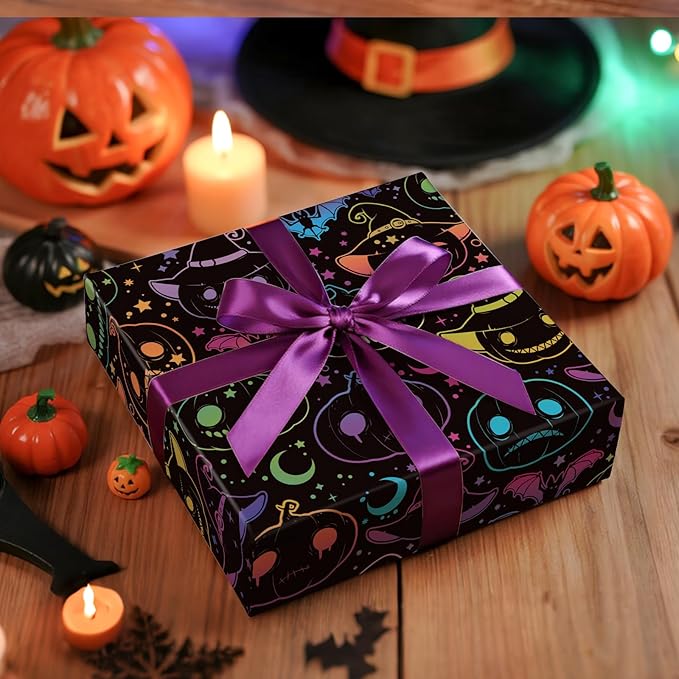 LeZakaa Halloween Pumpkin Wrapping Paper Roll, Neon Pumpkin Witch Hat Bat - Image 3