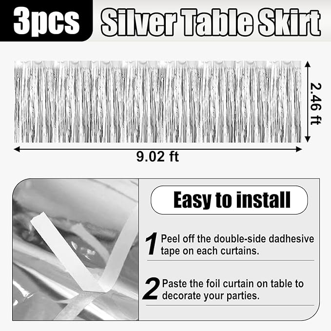 3 Pack 29x108 Inch Silver Foil Fringe Table Skirts Metallic Banner - Image 2