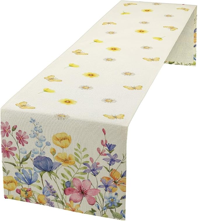 Flower Table Runner, Colorful Watercolor Pink Flower Plants Nature Butterfly - Image 2