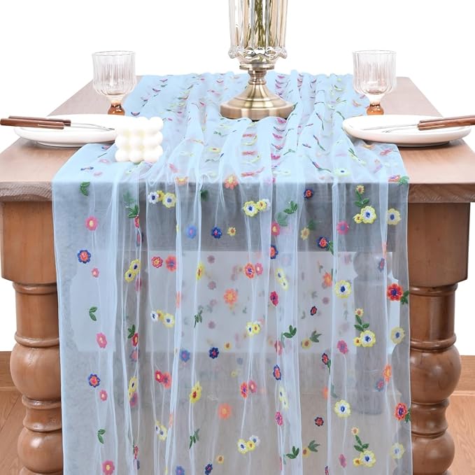 Joanlody Blue Embroidery Daisy Fall Thanksgiving Table Runner Florals Seasonal - Image 2