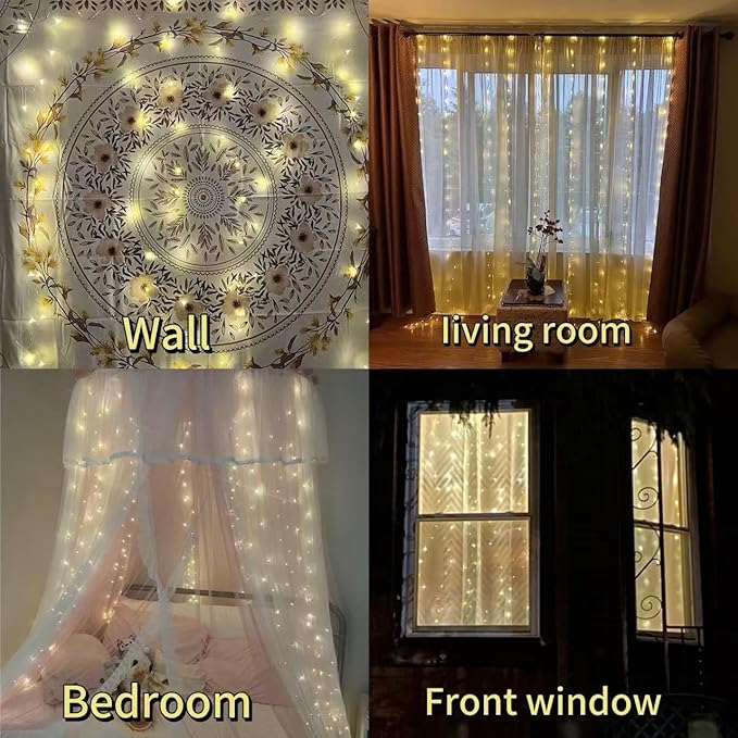 300LED Fairy Curtain Lights, 9.8x9.8Ft Warm White USB Plug in 8 Modes & Timer - Image 3
