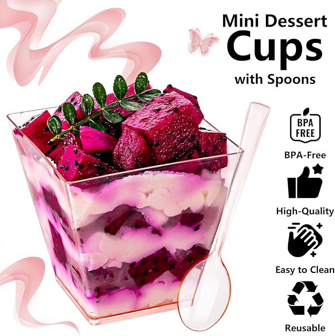 YOUBET 102 PCS Plastic Dessert Cups - 8oz Pink Clear Square Cups - 51 Pack Mini - Image 5