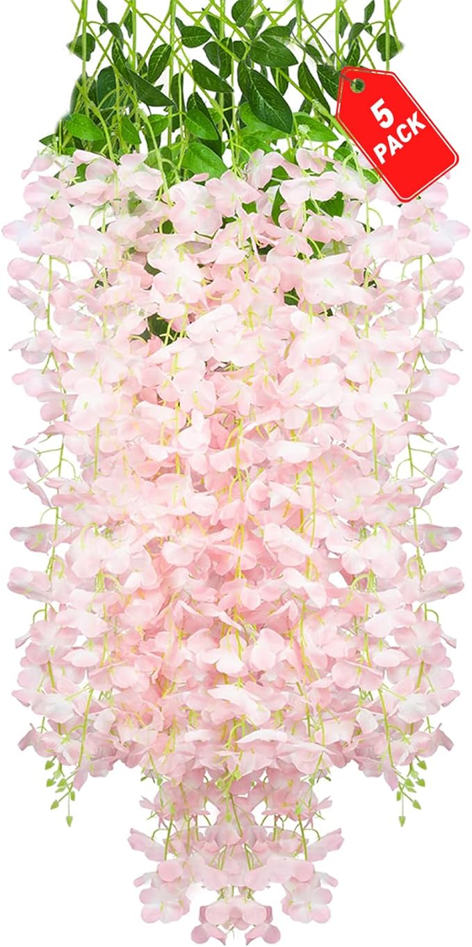 5 Pack Light Pink Wisteria Hanging Flowers, 3.44 Ft Fake Hanging Flowers by ZEBMOON