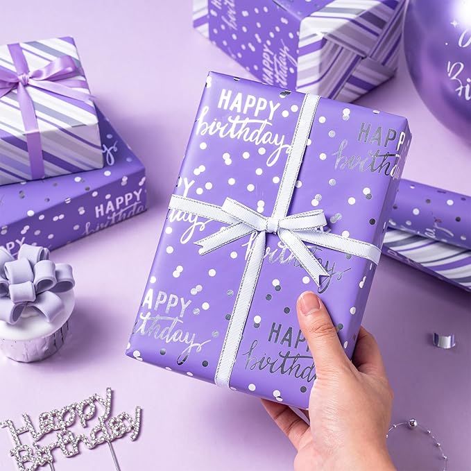 LeZakaa Purple Birthday Wrapping Paper Roll - Image 7