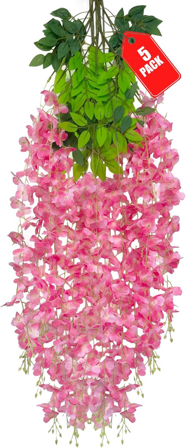 5 Pack Dark Pink Wisteria Hanging Flowers, 3.44 Ft Fake Hanging Flowers by ZEBMOON