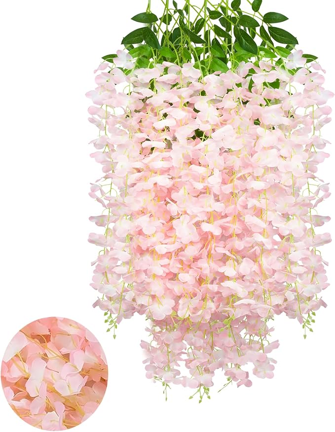 12 Pack Light Pink Wisteria Hanging Flowers Garland, 3.77 Feet Artificial by Luerbi