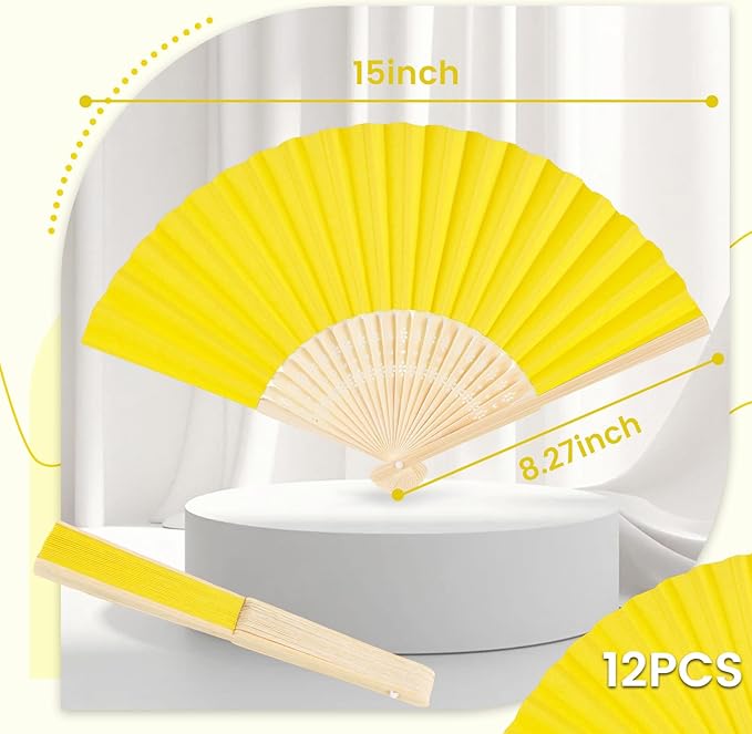 JOHOUSE 12 Pcs Paper Folding Hand Fans, 8.3 Inch Lemon Yellow Paper Fans - Image 2