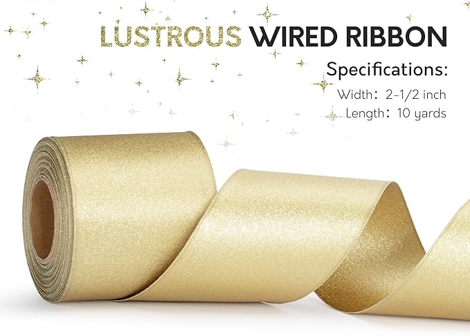 Gold Satin Wired Ribbon 2-1/2 Inch Double-Faced Glitter Ribbons - Image 3