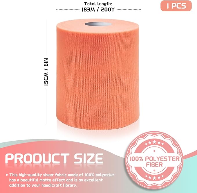 6" x 200 Yards Peach Tulle Fabric Rolls, Peach Spool Tulle Ribbon - Image 2