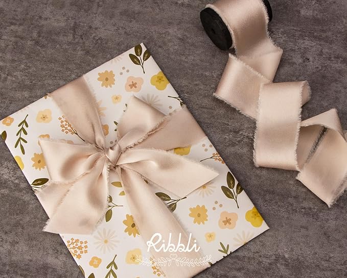 Ribbli Light Champagne Silk Satin Ribbon 1.5 Inch x 12 Yard Handmade Frayed - Image 3