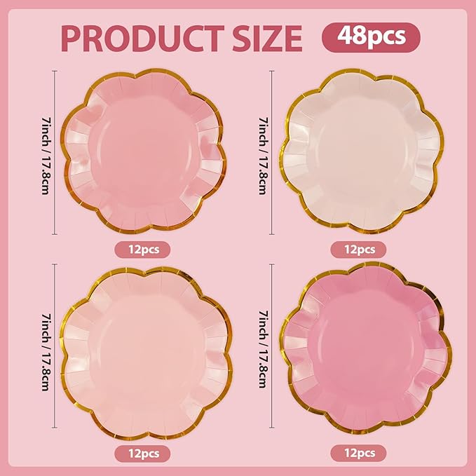 48Pcs Light Pink Scalloped Party Plates - Image 2