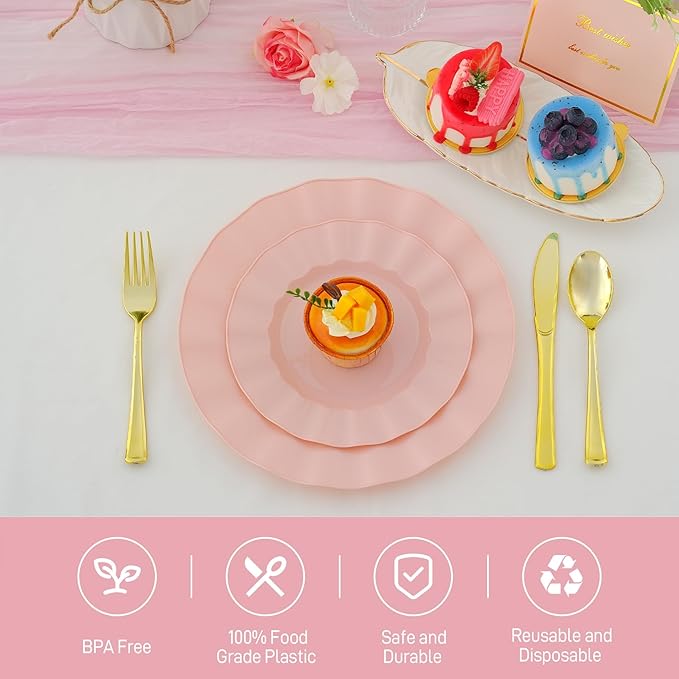 60Pcs Premium Pink Plastic Plates, Fancy Nice Disposable Plate, Elegant Wedding - Image 3