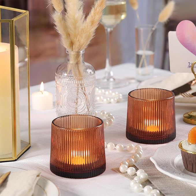 Amber Ribbed Tealight Votive Candle Holders Set of 10- Votive Candle Holders - Image 7