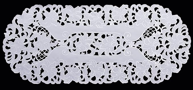 Creative Linens Embroidered Floral Table Runner 15x35 Oval Dresser Scarf White by Creative+Linens