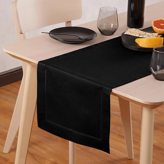 Black Table Runner 72 Inch – Cotton Linen Hemstitch Farmhouse Table Runner by HomeEkaa