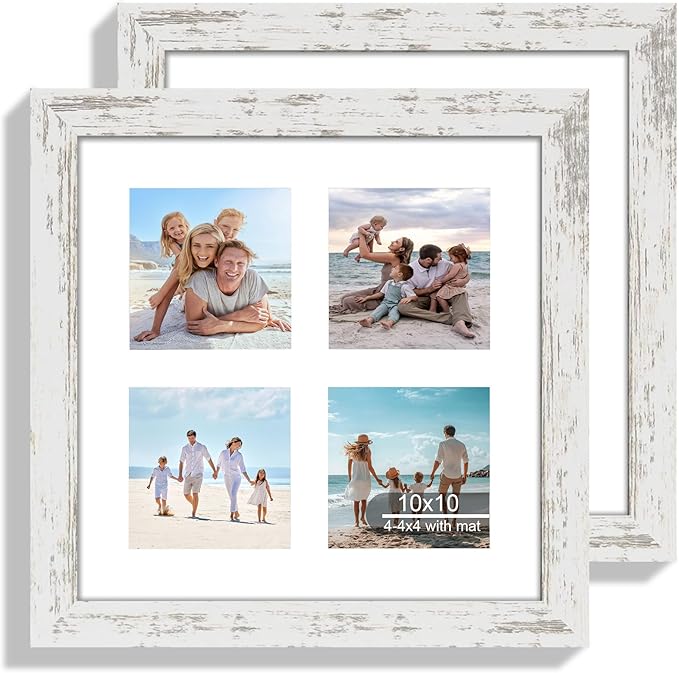 10x10 Picture Frame Set of 2, Real Glass and Distressed White Collage Frame by Hongkee