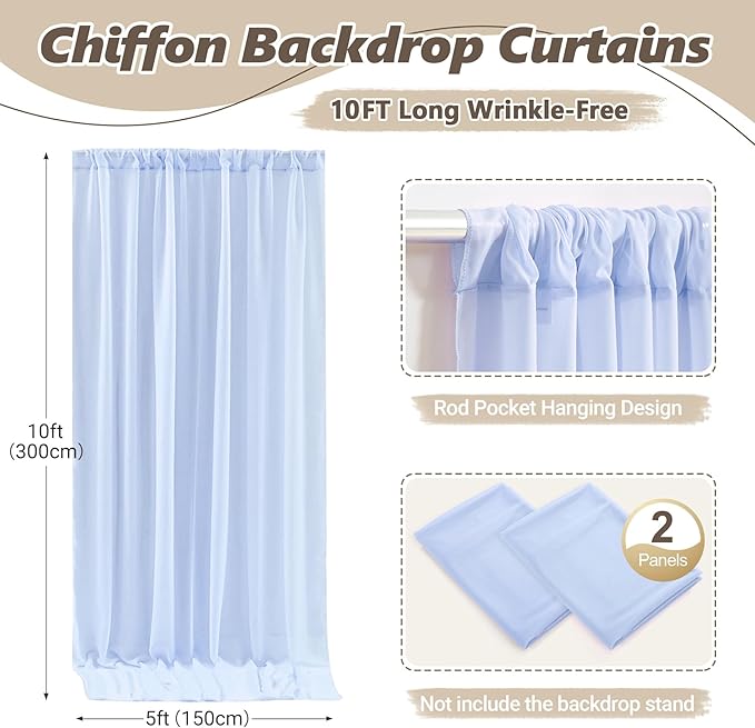10ft x 10ft Baby Blue Backdrop Curtains, Wrinkle-Free Sheer Chiffon Fabric - Image 3