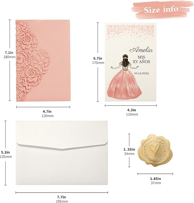 DORIS HOME 50pcs Laser Cut Quinceanera Invitations Pink, 4.7x7.1 Personalized - Image 3