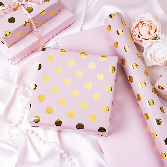 Burymento Pink and Gold Dots Wrapping Paper, Reversible Pink Gift Wrap - Image 2