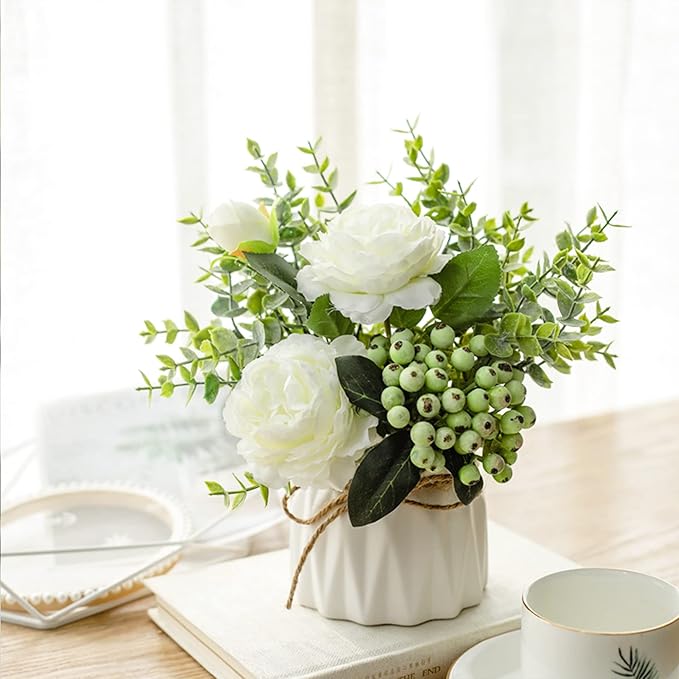 BLOSMON Table Decor Artificial Flowers Vase 7 Inch Small Fake Flower White - Image 2