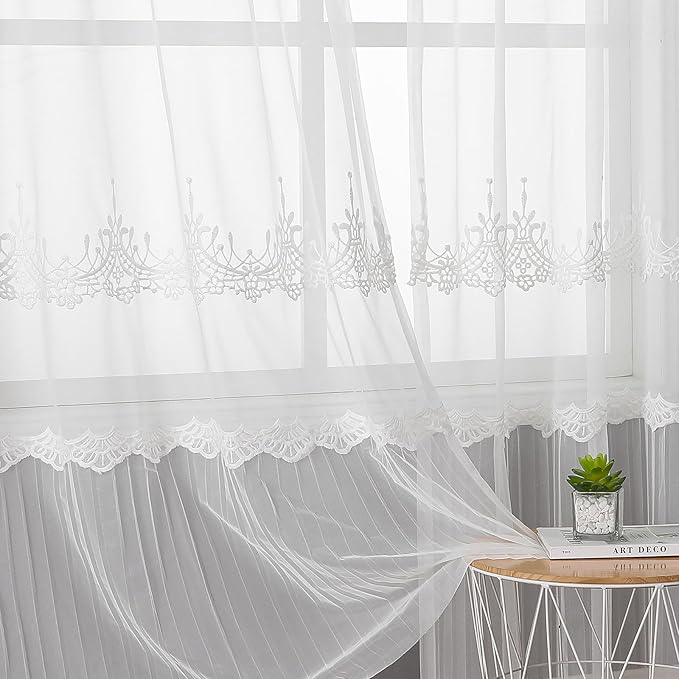 VISIONTEX White Sheer Voile Curtains, Decorative White Embossed European Rod - Image 5
