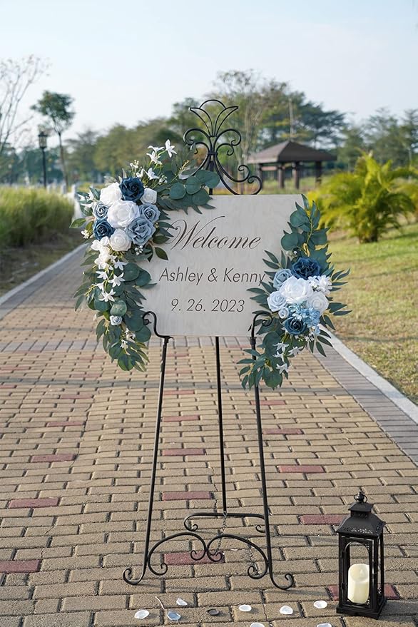 ponatia Wedding Arch Flowers, Artificial Dusty Blue Flowers & Welcome Signs - Image 2
