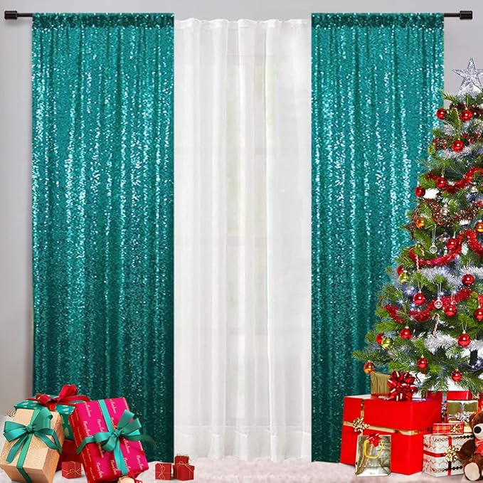 Eternal Beauty Sequin Backdrop Curtains, 2x8 Ft-2 Panels Teal Back Drop - Image 3