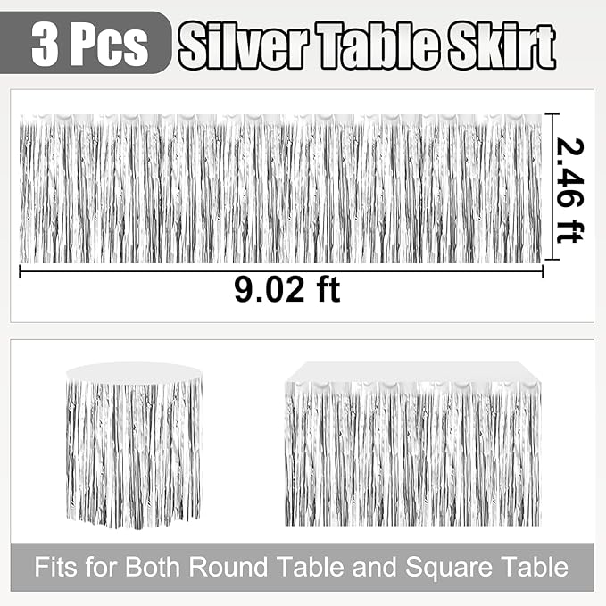 3 Pack 29 x108 Inch Silver Foil Fringe Table Skirts Metallic Banner - Image 2