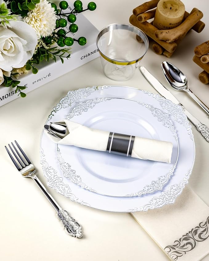 Goodluck 350 Piece Silver Plastic Dinnerware Set - Image 4