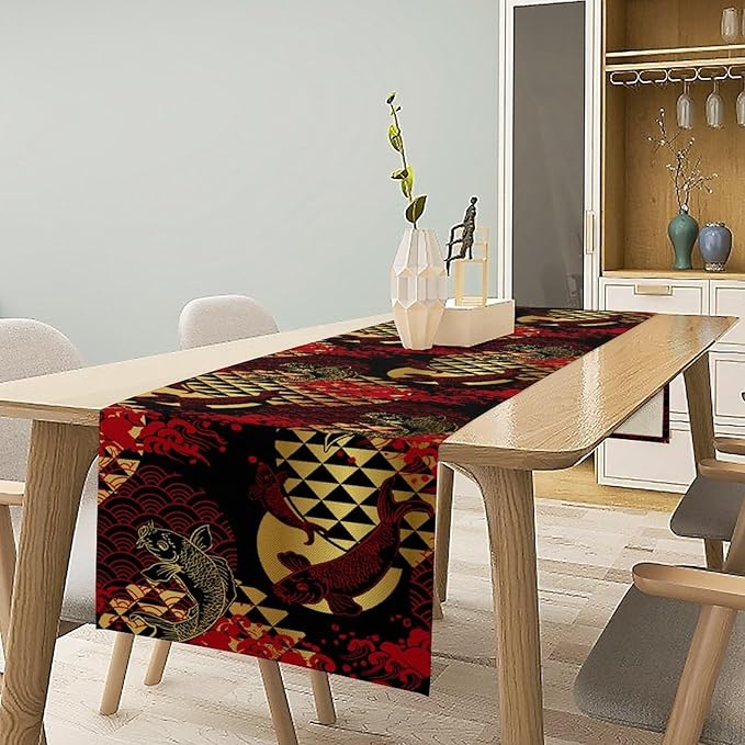 Japanese Table Runner Oriental Tradition Kio Fish Red Art Printed Burlap Runner - Image 5
