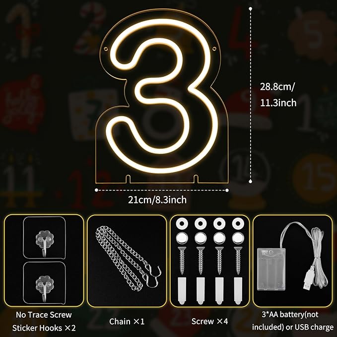 Number 3 LED Neon Sign Backdrop Birthday Party Decoration, 11.3" Height Warm - Image 3