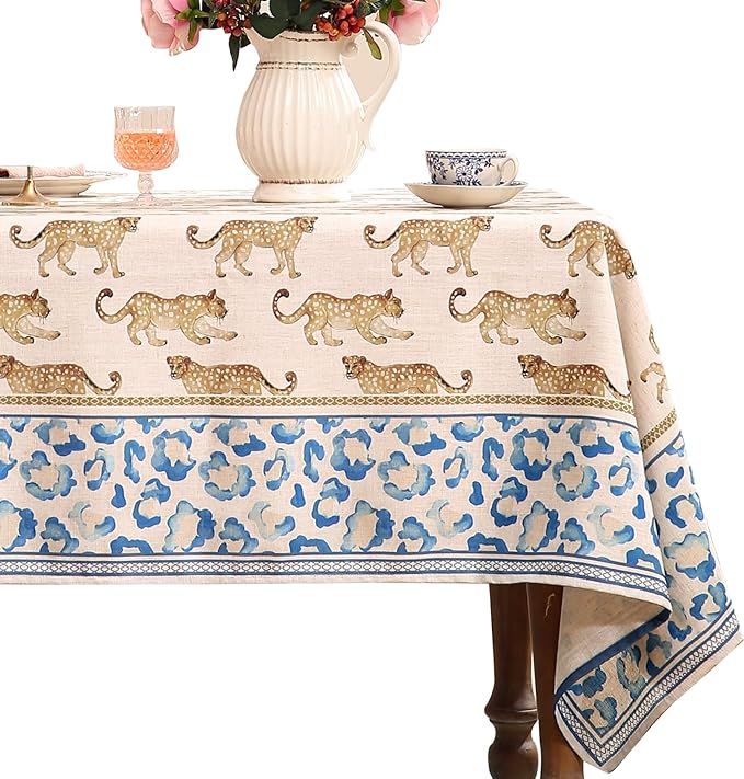 patdrea Designer Linen Small Rectangular Table Cloth, Vintage Leopard Animal by Welcometopatdrea