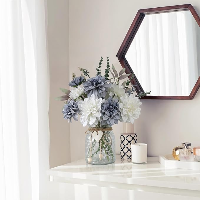 Fake Flowers with Vase, 8 Dahlias, with a Flower Arrangement Holder, Silk Faux - Image 7