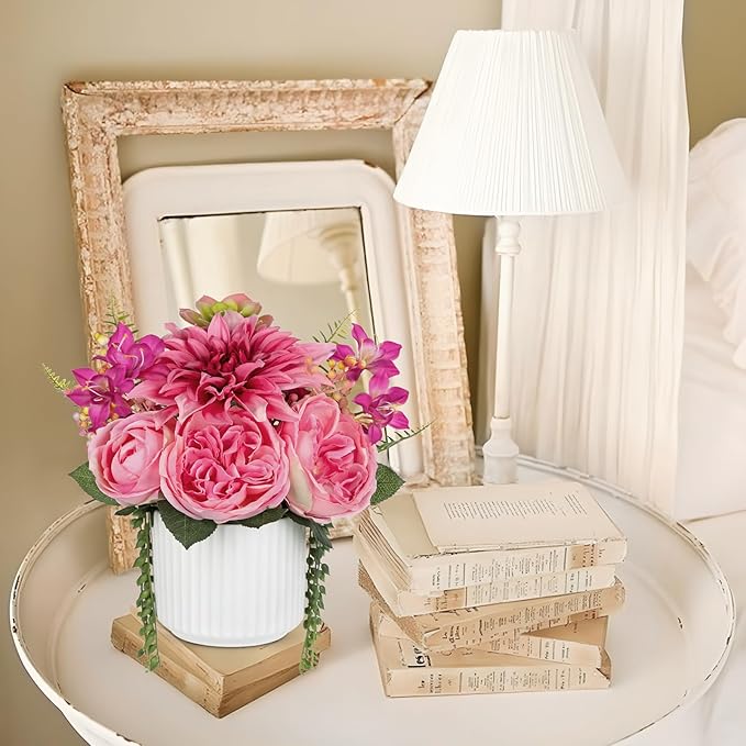 Briful 13" Faux Flower Arrangement in White Ceramic Vase – Pink Artificial - Image 5