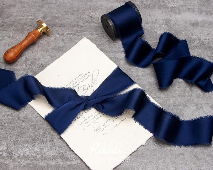 Ribbli Navy Blue Silk Satin Ribbon 1.5 Inch x 12 Yard Handmade Frayed Chiffon - Image 3