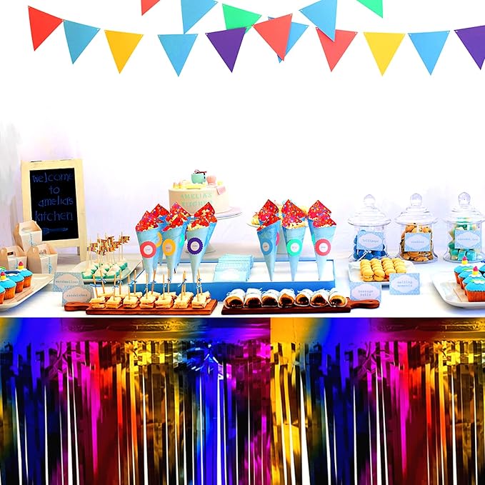 3 Pack 29 x108 Inch Rainbow Foil Fringe Table Skirts Metallic Banner - Image 5