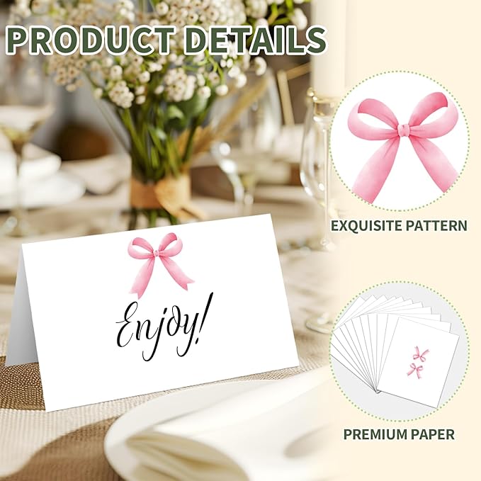 25 Pink Bow Place Cards for Table Seating, Watercolor Wedding Name Place Card - Image 3