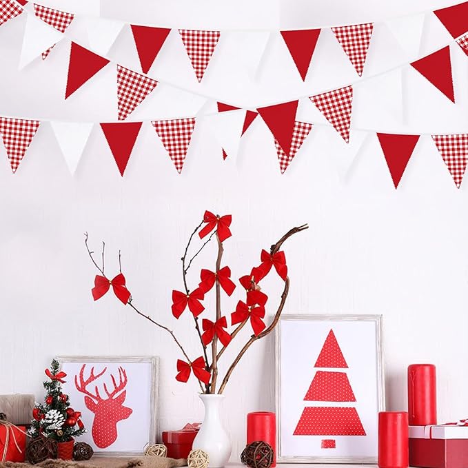 32Ft Red Party Decorations Red Plaid Checkered White Triangle Flag Gingham - Image 7