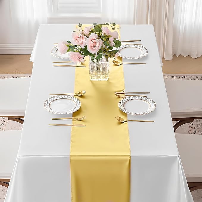 SHEJIZE 2 Pack Light Gold Satin Table Runner 12x108 Inches Long, Bright Silky - Image 8