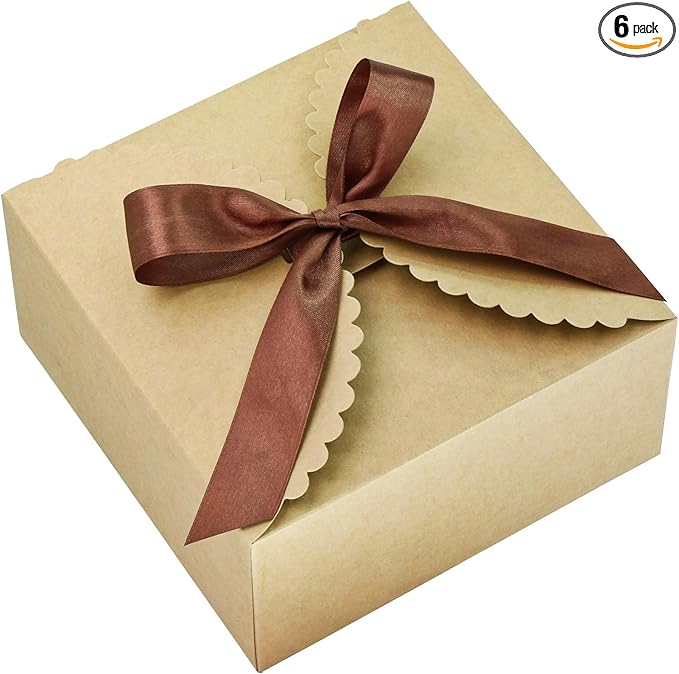 8"x 8"x 4" Kraft Gift Box with Lids and Ribbons, 6 Pack Foldable Brown Paper by WEWILUCK