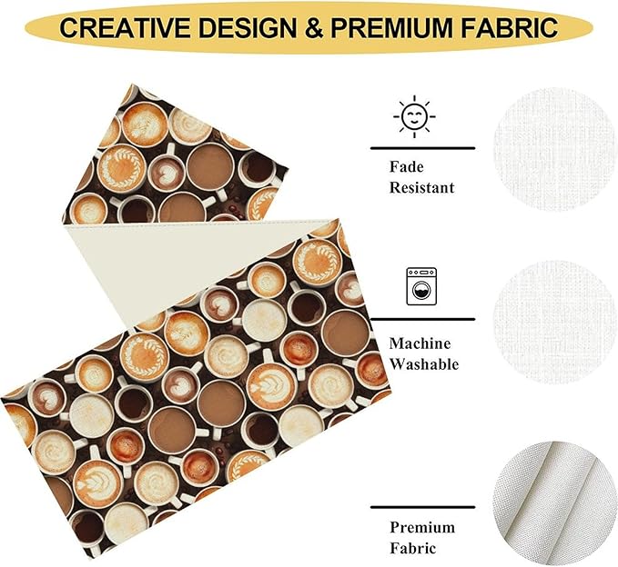 Coffee Theme Table Runner, Farmhouse Coffee Cup Latte Cappuccino Tea Party - Image 4