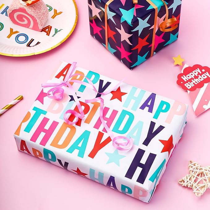 LeZakaa Reversible Stars Birthday Wrapping Paper Roll, Happy Birthday Lettering - Image 4
