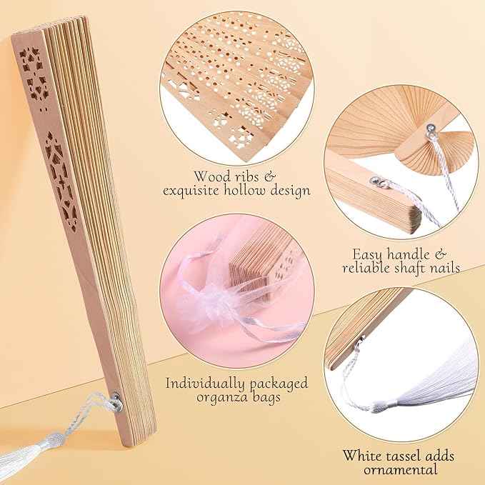 Qunclay 60Pcs Wooden Hand Fans Folding Wedding Fans - Image 3